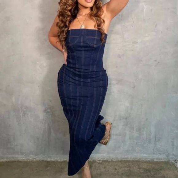ZARA Denim Bustier Strapless Midi Dress Size M - Picture 1 of 11